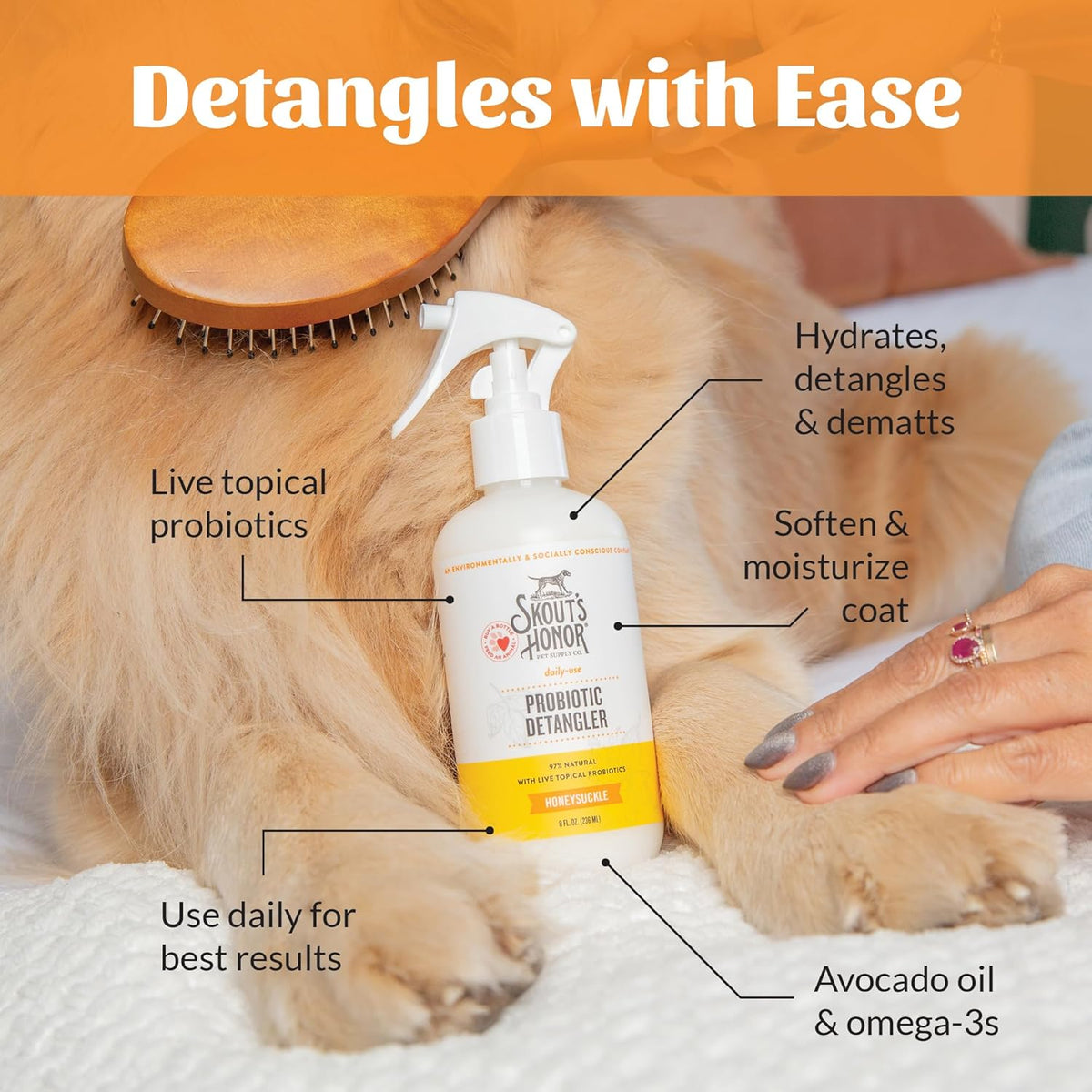Skout's Honor Probiotic Pet Detangler Spray - Hydrating & Conditioning w/Avocado Oil, 97% Natural, Paraben & Sulfate-Free, softens for a More brushable Coat, Daily Use, 8oz, Honeysuckle