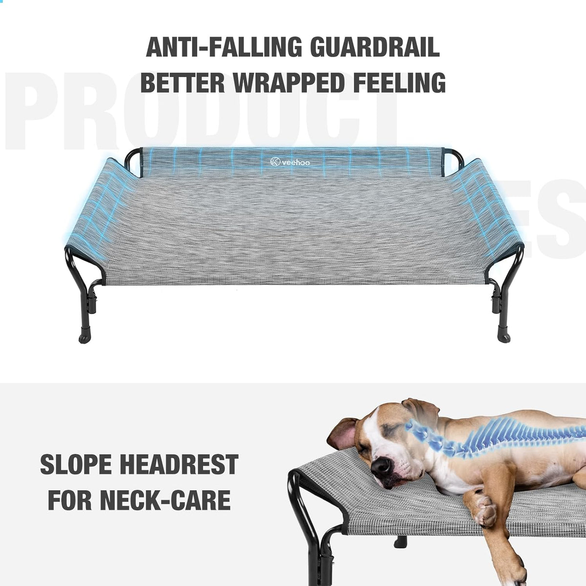 Veehoo Cooling Elevated Dog Bed, Dog Cots for Large Dogs, Raised Dog Bed with Guardrail & Slope Headrest, Durable & Breathable Teslin Mesh, Dog Sofa Bed for Indoor & Outdoor, Large, Black Silver