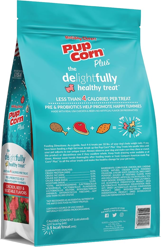 Pup Corn Plus - Puffed Dog Treats with Prebiotics and Probiotics - Holiday Cheer Flavored (24oz) - Made in USA