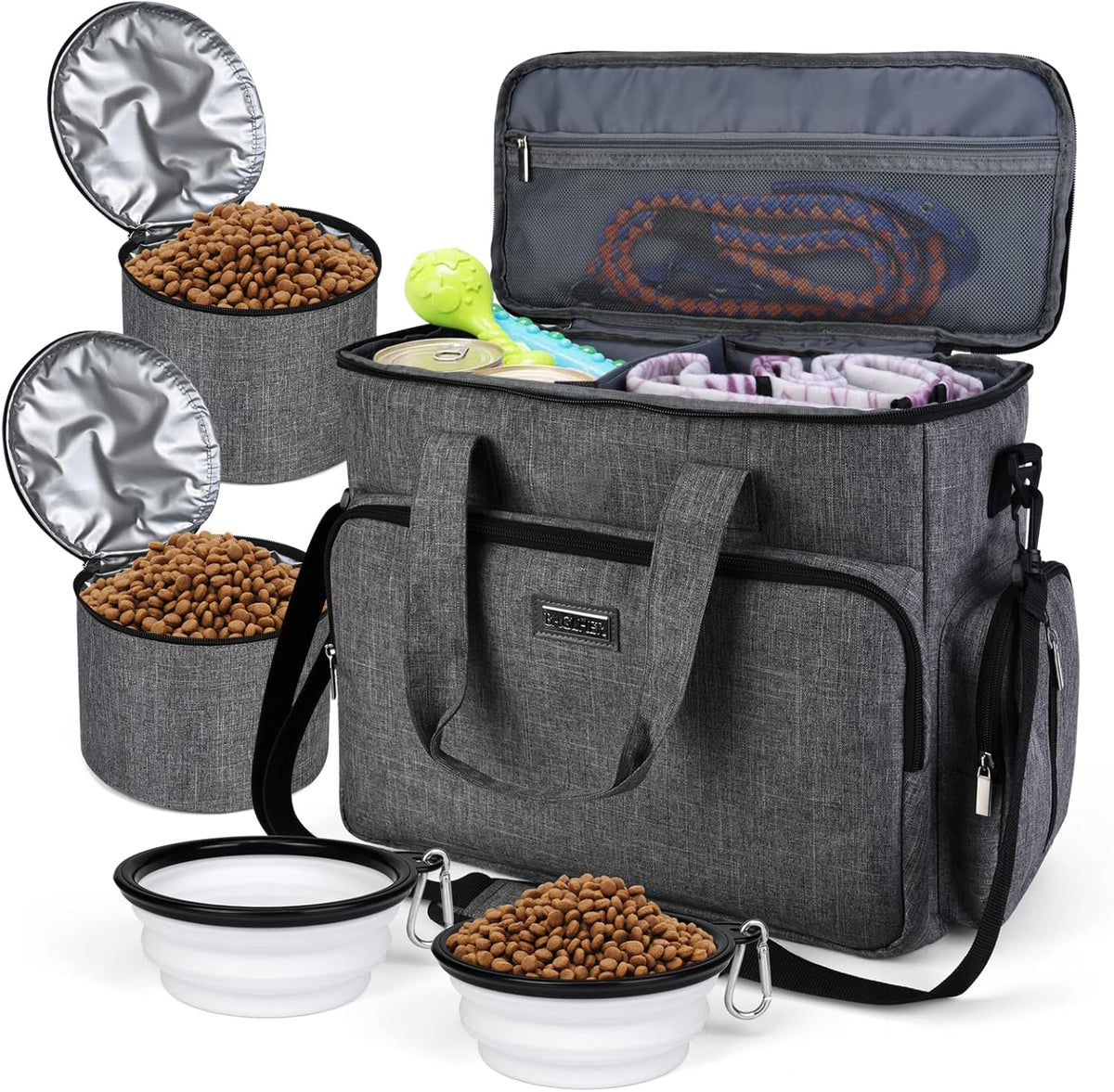BAGLHER Dog Travel Bag, Airline Approved Pet Tote Organizer with Multi-Function Pockets, 2 X Food Storage Containers and 2 X Collapsible Dog Bowls, Perfect Weekend Pet Travel Set for Dog, Cat Grey