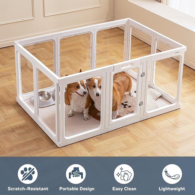 Jalove Acrylic Dog Playpen Indoor, 24“ H Plastic Pet Playpen with Door, Clear Pet Play Pen for Puppy Cat Rabbit Ferret, Easy Assemble Dog Pen, Preferable for Small Cage, White 10 PCS