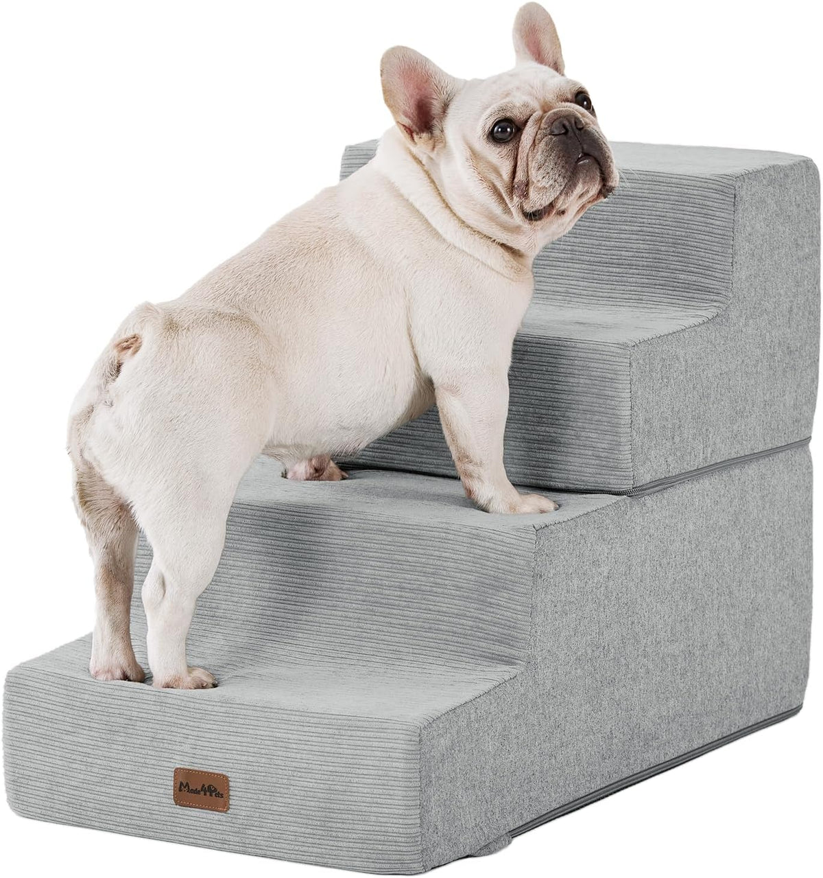 Made4Pets Dog Steps for Bed, Extra Wide Dog Stairs for High Bed Couch Sofa, 35D Foam Pet Steps for Small Dogs and Cats, Non-Slip Bottom Pet Stairs, Light Grey, 4 Steps