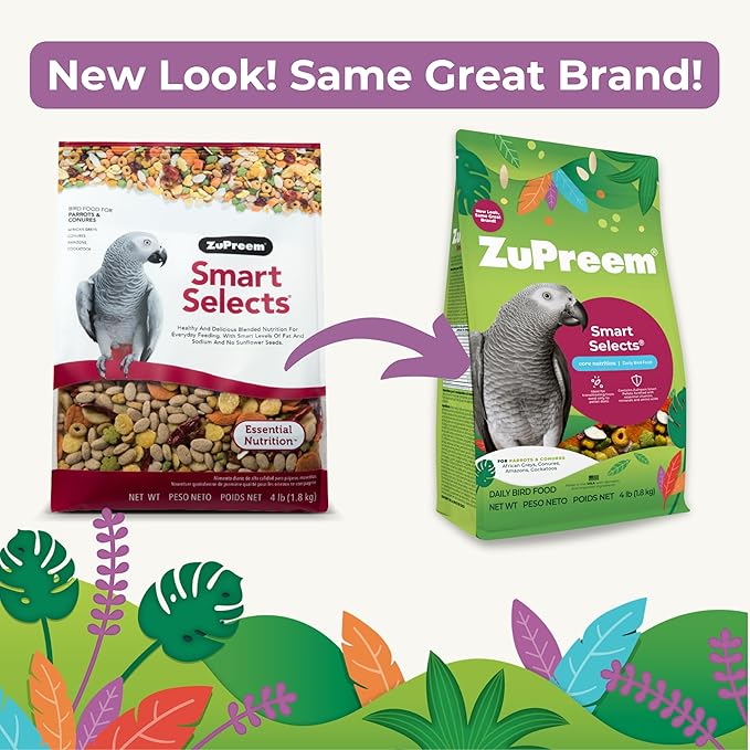 ZuPreem Smart Selects Daily Bird Food for Parrot, Conure, Caique, African Grey, Eclectus, Small Cockatoo, Bird Pellets and Seed Blend, Nutrition for Medium Large Birds, Parrot Food (ML, 4 lbs)