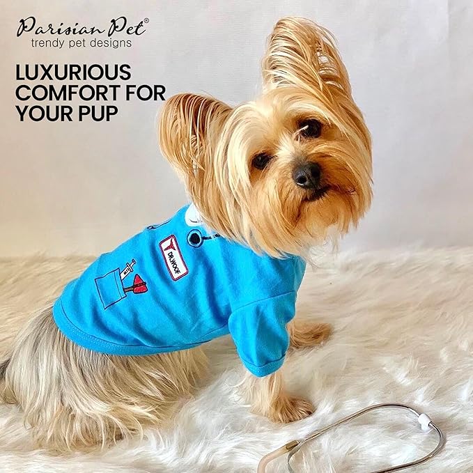 Parisian Pet Doctor Woof Dog Shirt - Embroidered Pirate Costume - 100% Cotton & Polyester - Blue Funny Dog Shirts - Pet Costume - 2XL