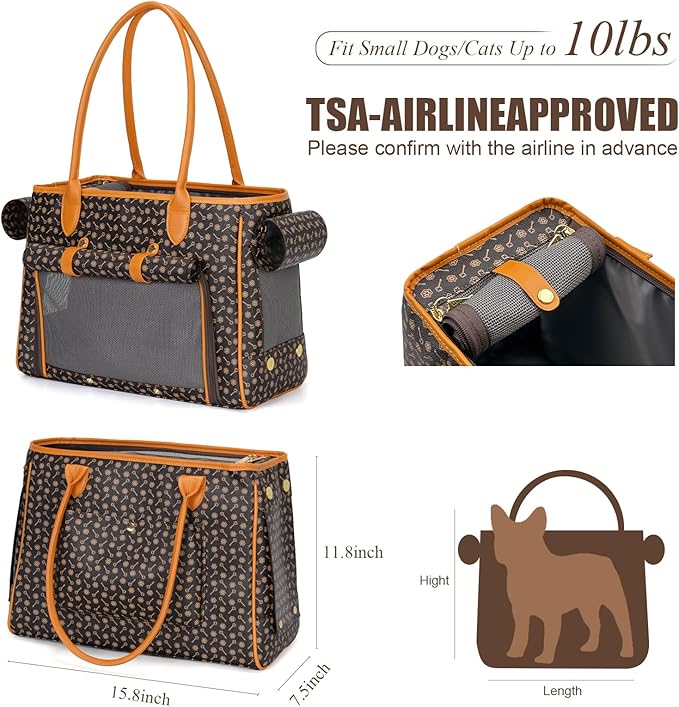 Minsong Fashion Pet Carrier Purse for Small Cat and Dog, Luxury Pu Soft-Sided Tote Bag with Large Pockets for Dogs and Puppies (Coffee, 15.8" L x 7.5" W x 11.8" H)