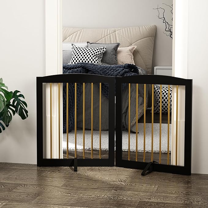 Freestanding Pet Gate for Dogs, Foldable Wooden Dog Gate for House, Stairs, Doorways, Step Over Pet Puppy Safety Fence,Support Feet Included,24" Height 2 Panels, Black&Gold