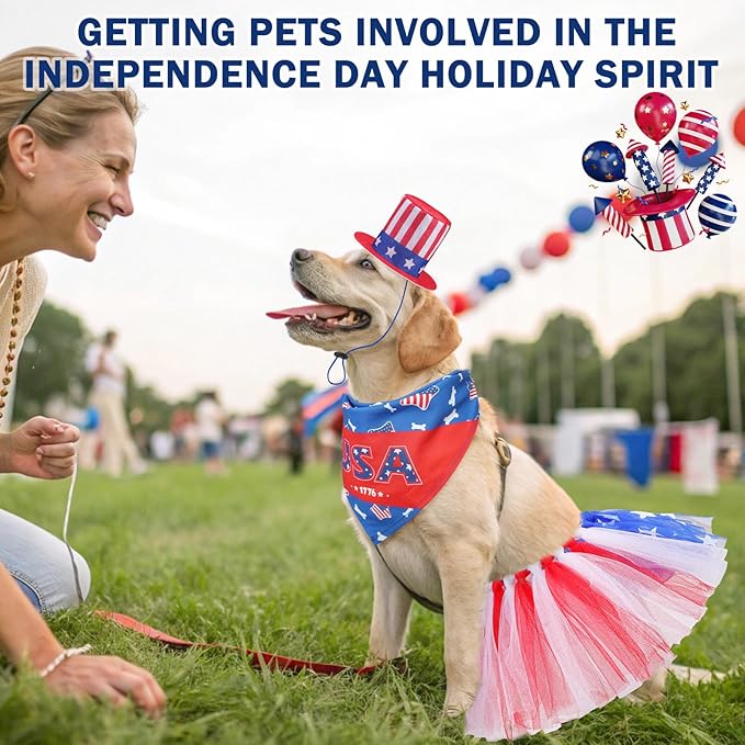 SCENEREAL 4th of July Dog Bandana Dress with Hat Set, Independence Dog Costume for Small Sized Dogs, Cute Tutu Skirt Outfit for Party