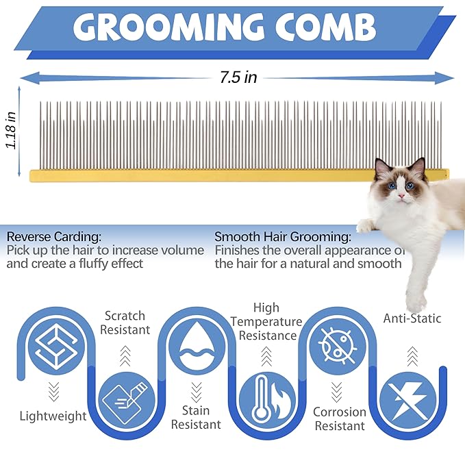 8.5 Inch Dual Tooth Pet Comb for Mats and Tangles，Professional Grooming Comb Removing Excess Hair for Long-Haired Cats and Dog Kit,Prevent Undercoat, Excess Hair,Mats and Tangles,Pet Essential