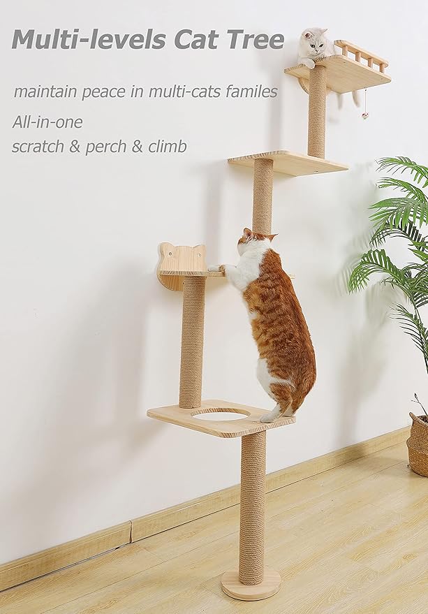Cat Tree Wall Mounted with 4 Levels Shelves, 73" Wood Corner Tower Inside Kitten Scratching Post for Climbing,Perching and Lounging (Left to Right)