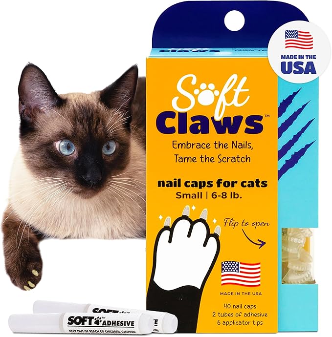 Soft Claws Cat Nail Caps for Small Cats – (40 Caps, Clear) - Made in USA - Veterinarian-Developed | Protects Furniture & Skin - Easy to Apply, Long-Lasting Anti-Scratch Soft Cat Claw Covers