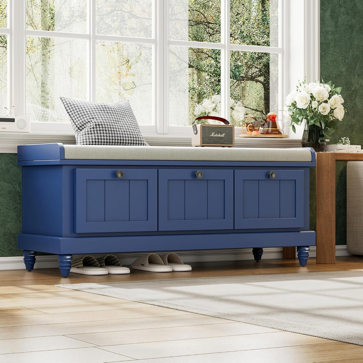 Classic Shoe Storage Bench with Cushion and Three Drawers, Fluted Entryway Bench with Storage for Entryway, Living Room, Hallways 44.0" L x 15.9" W x 18.9" H Antique Navy