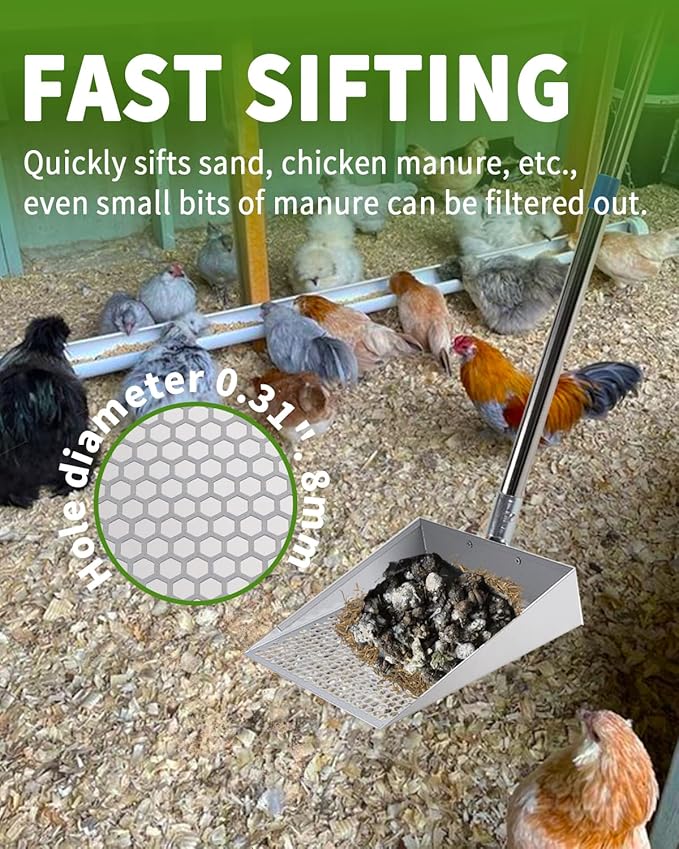 Large Chicken Poop Scooper, Chicken Coop Accessories,Metal Litter Scooper for Chicken,Chicken Coop Cleaning Tools,Heavy Duty Poop Shovel,Chicken Coop Must Haves(Silver)