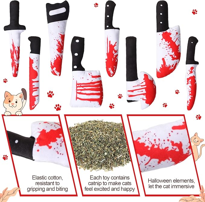 Honoson 8 Pcs Knife Cat Chew Toys Catnip Toys Interactive Stuffed Kitten Chew Toys Teething Resistant for Christmas Halloween Indoor Kitten Cats Boredom Relief Teeth Cleaning(Knife Pattern)