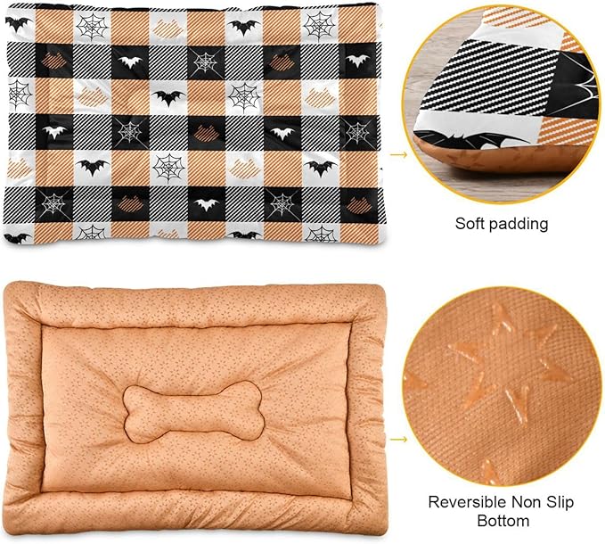 Halloween Bats Cat Plaid Stripe Pet Bed Cute Dog Bed Mat Absorbing Non Slip Pad Pet Sleeping Mat for Small, Medium, and Large Dogs Puppy Cat 24 in x 18 in