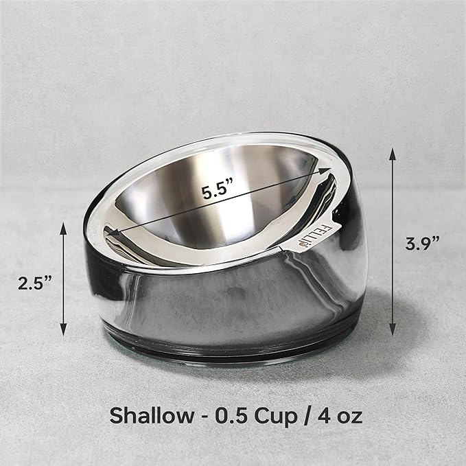 Felli Pet Oblik Whisker Fatigue Cat Food Bowl Raised Stainless Steel Shallow Dish, Pet Friendly Design Anti Vomit Tilted Metal Plate Feeder Elevated Acrylic Base for Treats Storage (0.5 Cups, Smoky)