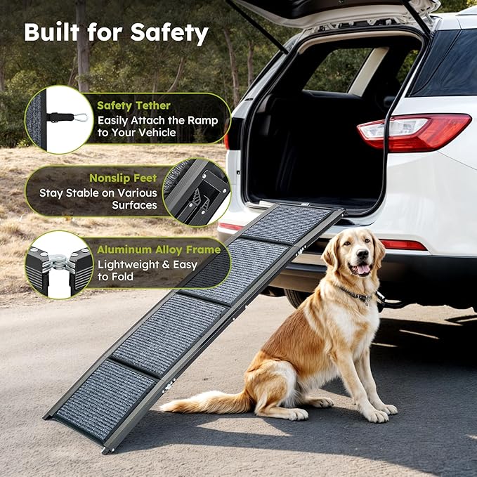 Dog Ramp for Car, 63" Folding Pet Ramp for Large Dogs up to 200 lb, 17" Wide Car Ramp for Dog, Portable Pet Stair Ramp with Nonslip Rug Surface, Outdoor Dog Ramp for Truck SUV High Bed Couch