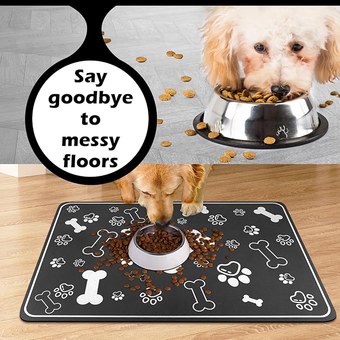 Pet Feeding Mat,Rapid Absorbent Mats for Dog Cat Food, Dog Placemat Water Bowl Mat with Rubber Backing,Messy Drinkers to Protect Floors, Pet Accessories 12"x18" Black