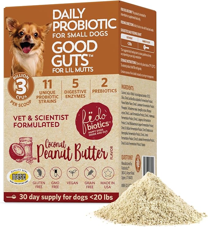 Fidobiotics Good Guts for Lil Mutts Probiotic for Dogs, Billions of CFUs, 11 Strains, 5 Digestive Enzymes, 2 Prebiotics, Digestive Gut Health for Dogs, Adult & Puppy Probiotics Supplements (30 Days)