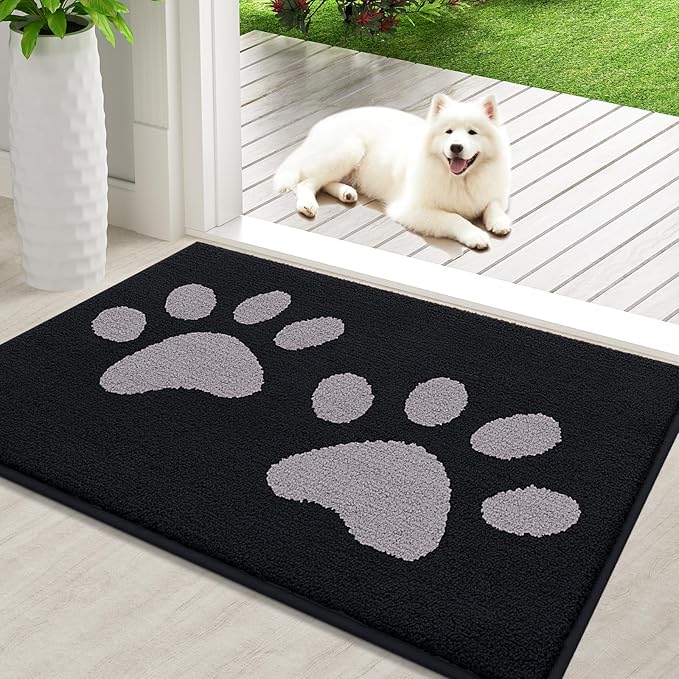 Buganda Dog Door Mat for Muddy Paws, Absorbent Dirt Trapper Washable Indoor Doormats, Non Slip Low-Profile Mud Mat for Dogs, Front Entrance Doormat for Inside Floor (36x24 Inches, Black and Grey)