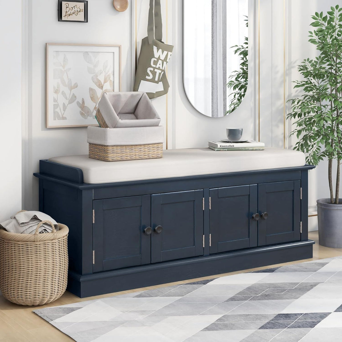 Storage Bench with 4 Doors and Adjustable Shelves, Shoe Bench with Removable Cushion for Living Room, Entryway 42.7" L x 16" W x 17.4" H (Antique Navy)