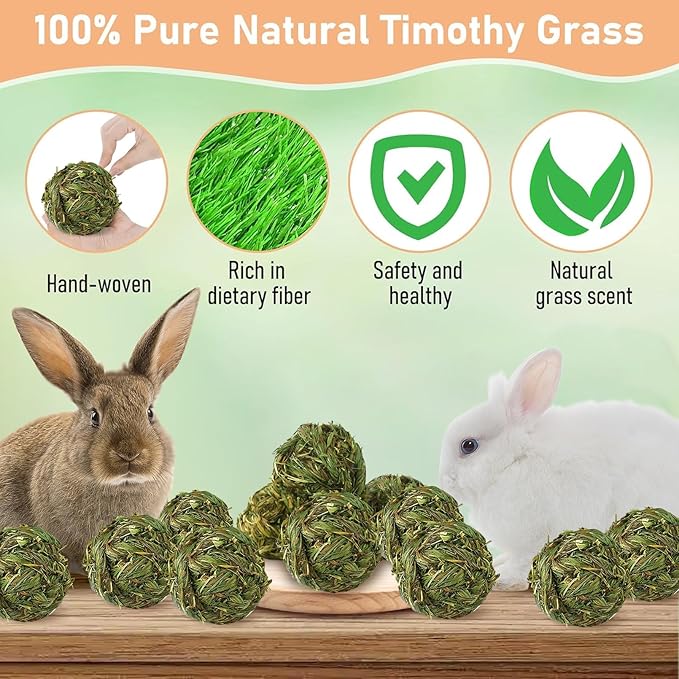 Hamiledyi 12 Pcs Rabbit Chew Ball Timothy Grass Ball Small Animal Activity Play Chew Toys Teeth Grinding for Bunny Rabbits Hamster Guinea Pigs Gerbils Chinchillas