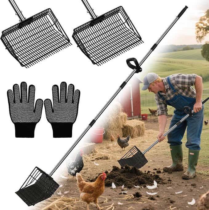 2 in 1 Chicken Poop Scooper Rake , 2 Rakes and 4 Sections Adjustable Stainless Steel Handle 37.4 - 68.9 Inch, Litter Scoop Chicken Coop Scoop for Animal Farm and Poultry Habitats with Gloves