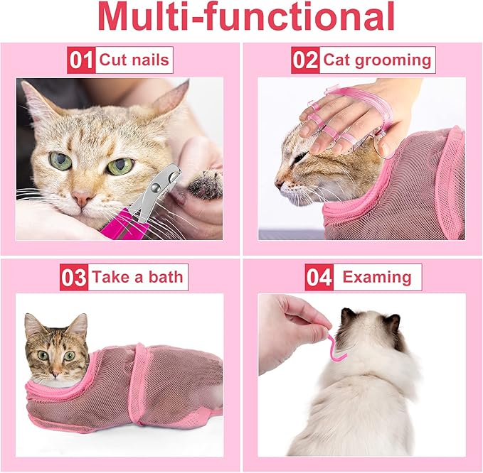 Patelai 5 Pcs Cat Bathing Bag Set Cat Grooming Bag Adjustable Pet Shower Net Muzzles Nail Clipper Tick Remover Tool Massage Brush(Pink)