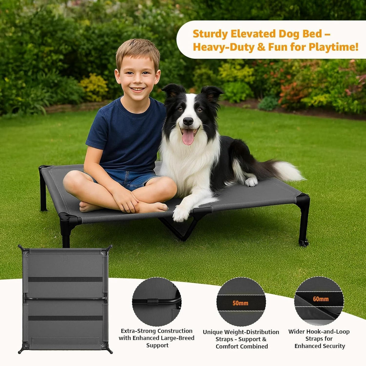 Sytopia Canvas Elevated Dog Bed, Durable Chew Proof Outdoor Raised Pet Cot for Large Dogs, Waterproof, Breathable, Portable, Washable, Easy Assembly, Sturdy Frame for Camping & Travel, Dark Grey