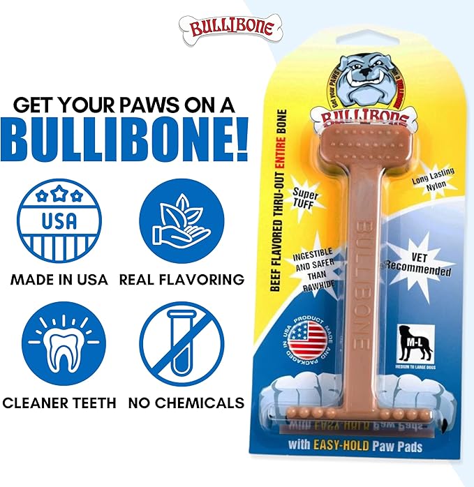 Bullibone Nylon Dog Chew Toy for Aggressive Chewers - Dental Hygiene Bone with Beef Flavor, Durable Tough Chew Toys for Large Dogs, Indestructible Dog Bone - 3 Pack