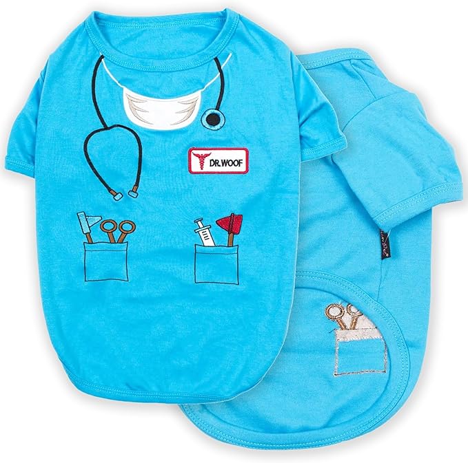 Parisian Pet Doctor Woof Dog Shirt - Embroidered Dog Pirate Costume - 100% Cotton & Polyester Doctor Outfit for Dog - Sleeved Dog Clothes - Blue Funny Dog Shirts for Large Dogs - Pet Costumes - L