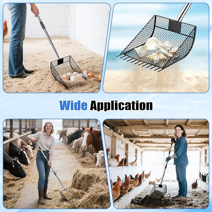 CAROD Chicken Poop Scooper & Rake 2-in-1, Metal Chicken Coop Scoop for Poop with 24 to 68" Adjustable Stainless Steel Handle, Litter Scooper Sand Sifting Shovel Chicken Coops/Animals House