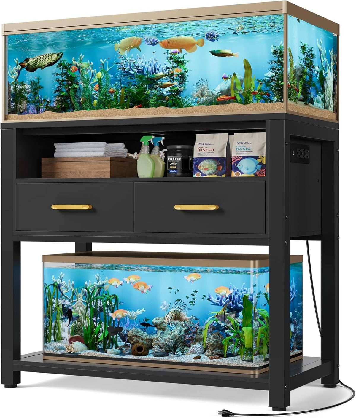 40-50 Gallon Aquarium Stand with Stable Metal Frame & Power Outlet, Heavy-Duty Fish Tank Stand with Waterproof Mat, 800LBS Capacity Storage Cabinet, Suitable for Turtle Tank, Reptile Terrarium, Black