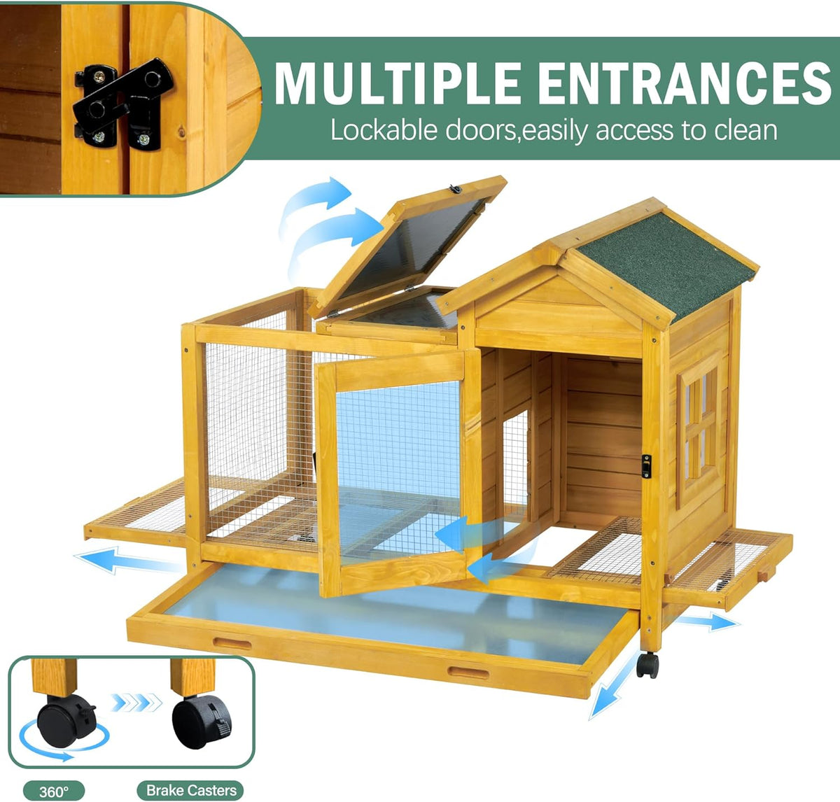 Wooden Rabbit Hutch with Waterproof Roof,Outdoor/Indoor Bunny Cage with Removable Slide-Out Bottom Tray, Chewproof Rabbit cage for Small-Medium Animals (Guinea Pigs, Hedgehogs)