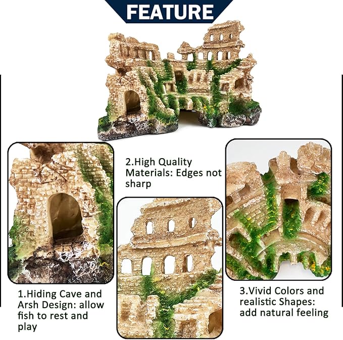Antique Roman Column Ruin Aquarium European Castle Decoration for Fish Tank Castle Cave Hideouts Rocks Plants Supplies Accessories Safe for Freshwater and Saltwater Fish Tanks – Large