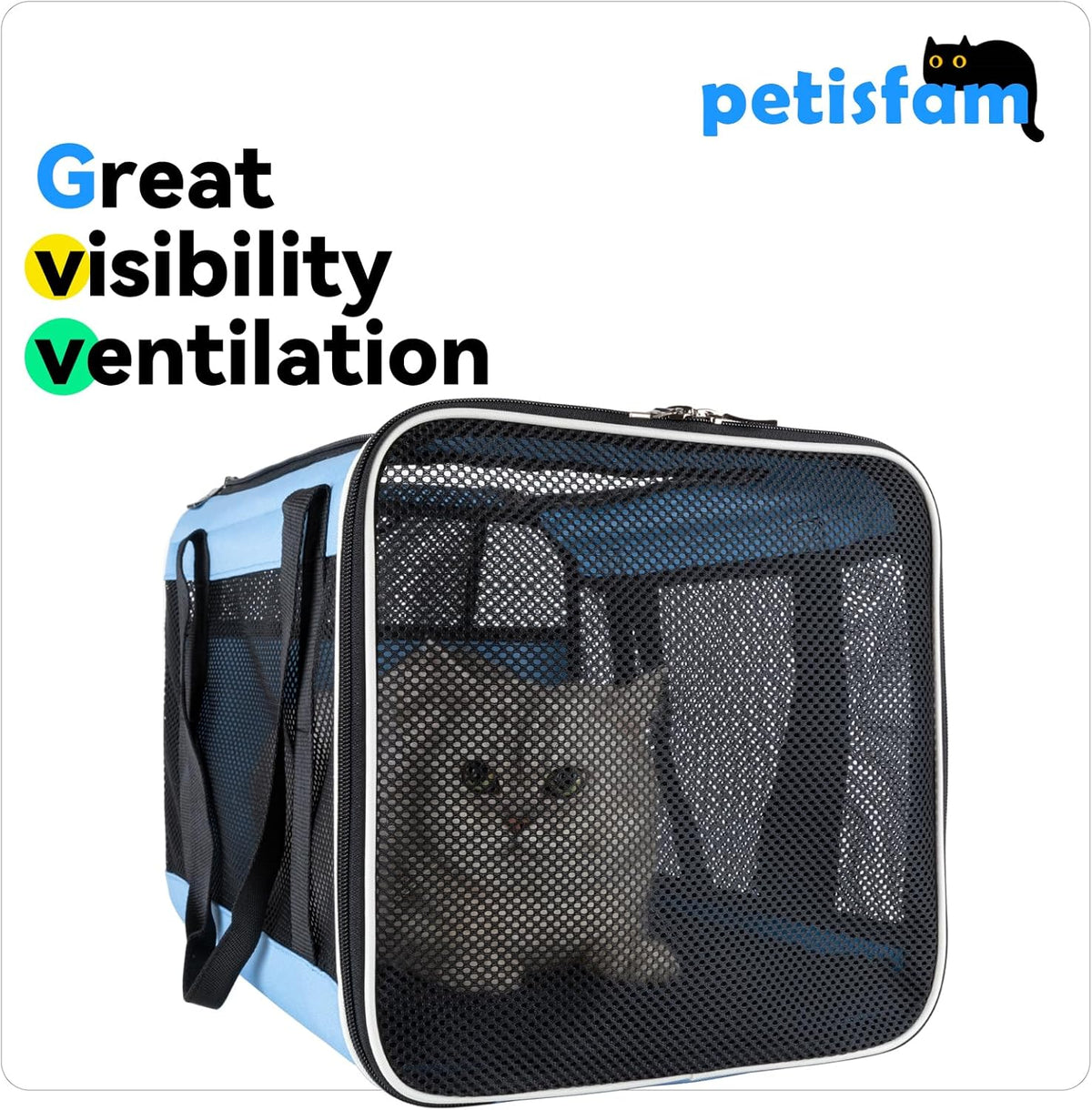 petisfam Soft Pet Carrier for Large and Medium Cats, 2 Kitties, Small Dogs. Easy to Get Cat in, Great for Cats That Don't Like Carriers (Blue)