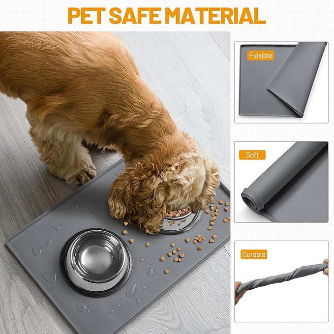 Hubulk Dog Feeding Mat,100% Waterproof Food Grade Silicone Pet Food and Water Bowl Placemat,Dishwasher, High Raised Edge to Prevent Spills,Nonslip Tray to Stop Messes on Floor (24"x16"x0.5", Grey)