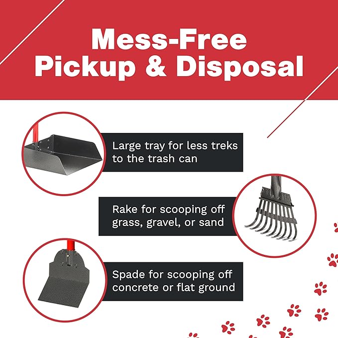 Pooper Scooper for Large Dogs, Small Dogs and Horses, Metal Poop Scooper Set with Long Handle Rake, Spade and Tray for Yard, Grass, Dirt or Gravel, Heavy Duty Aluminum Poop Picker Upper