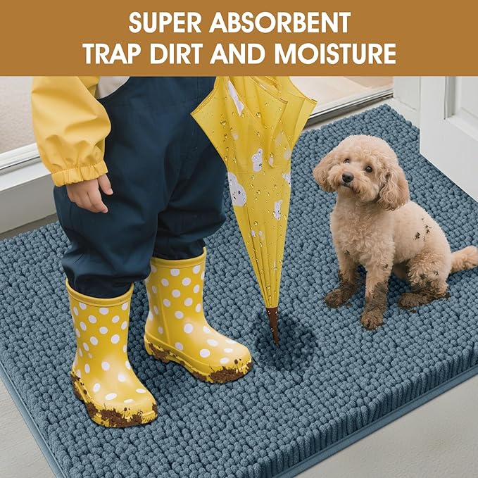 IM HOME Extra Large Dusty Blue Muddy Door Mats for Dogs, Chenille Absorbent Dog Mat, Non Slip Heavy Indoor Door Mat, Soft Dog Bed Mat Front Inside Door Mat for Entryway, Mud Paws, 71" x 25"