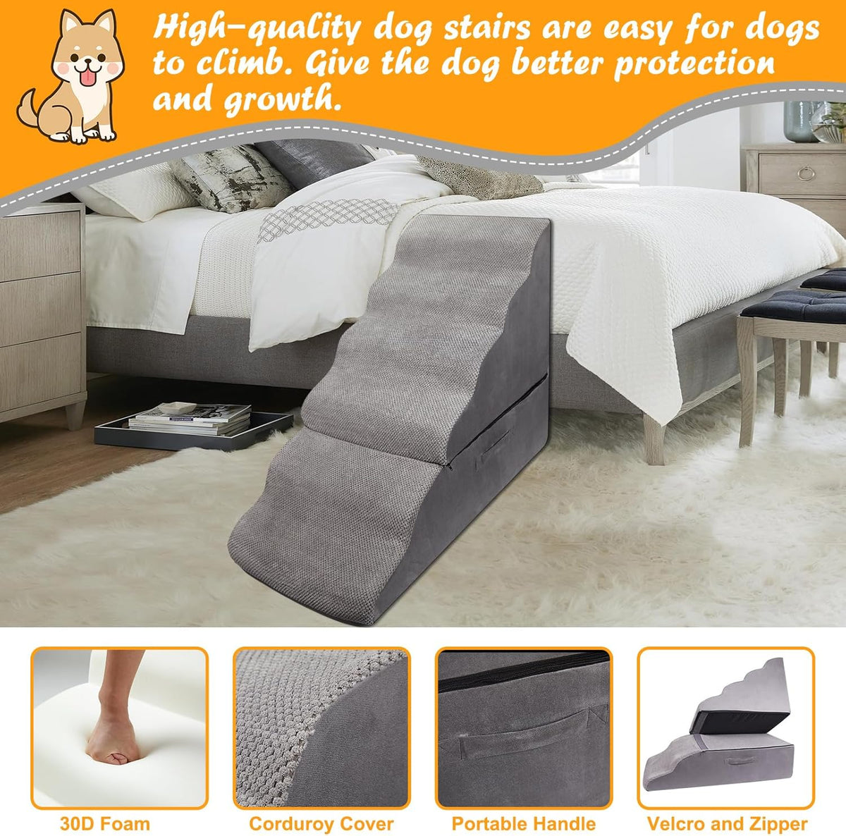Dog Stairs&Steps for 30 Inches High Bed Up to 30-36 Inch Tall, Pet Cat Ramp Ladder for Small Dogs, Doggie, Old Cats, Kitty, Small Animals Grey