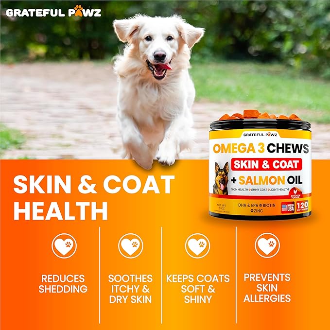 Omega 3 for Dogs - Fish Oil for Dogs Chews - Allergy and Itch Relief - Anti Shedding Supplement - Joint Health Treatment - Dry Itchy Skin and Coat Supplement - Salmon Oil - EPA & DHA - Made in USA