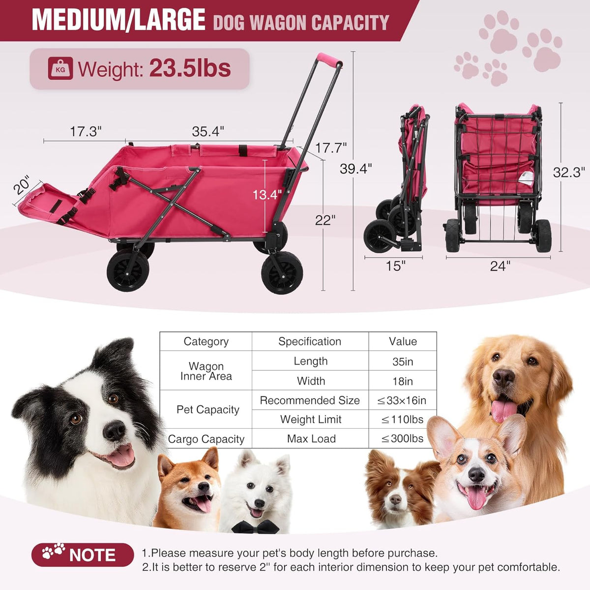 REDCAMP Folding Dog Wagon Cart with Extendable Rear End Heavy Duty, 220L Large Collapsible Utility Cart Dog Stroller with Tailgate for Sports Shopping Pet, Pink