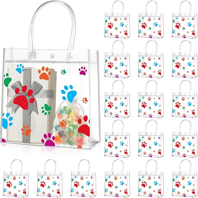 Teling 20 Packs Dog Paw Clear PVC Gift Bags with Handle Reusable Plastic Wrap Tote Bags Transparent for Puppy Pet Treat Party Favor Birthday Wedding Party, 8 x 8 x 3.15 Inch(Colorful)