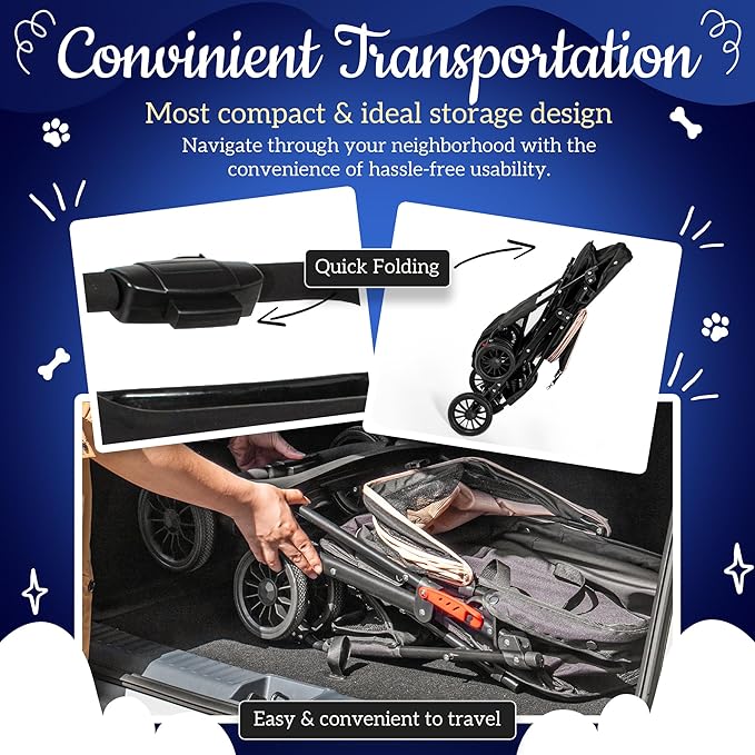 Pet Stroller with 4 Rolling Casters for Pets – Lightweight Multifunctional Travel Stroller with Mesh Windows, Cup Holder, Sun Shades & Storage Pocket for Puppy and Kitty
