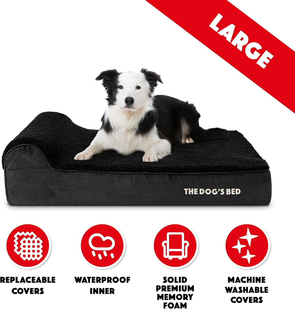 The Dog’s Bed Orthopedic Headrest Dog Bed Large Black Plush 40x25, Memory Foam, Pain Relief for Arthritis, Hip & Elbow Dysplasia, Post Surgery, Lameness, Veterinary Approved, Waterproof Washable Cover