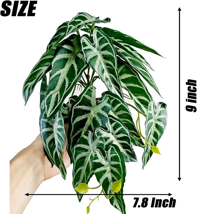 Woyrise 2 Pack Reptile Plants, Terrarium Hanging Plant Vines, Artificial Leaves with Suction Cup, Bearded Dragon Tank Accessories for Gecko Lizard Snake Frog Tortoise Decorations - Alocasia Velvet