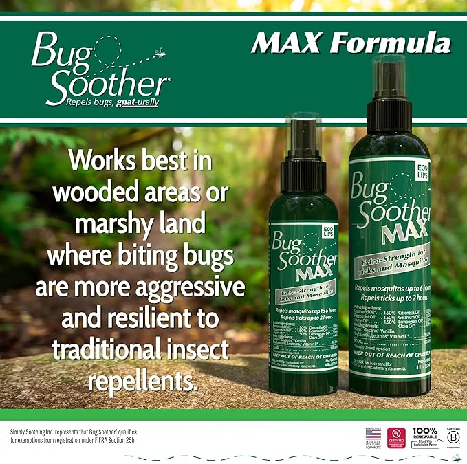 Bug Soother MAX - Extra Strength Natural Gnat, Tick, and Mosquito Repellent, 3 Pack 4 fl oz w/Free 1 oz. Bug Spray Deterrent - DEET Free - Safe for Adults & Environment - Made in USA