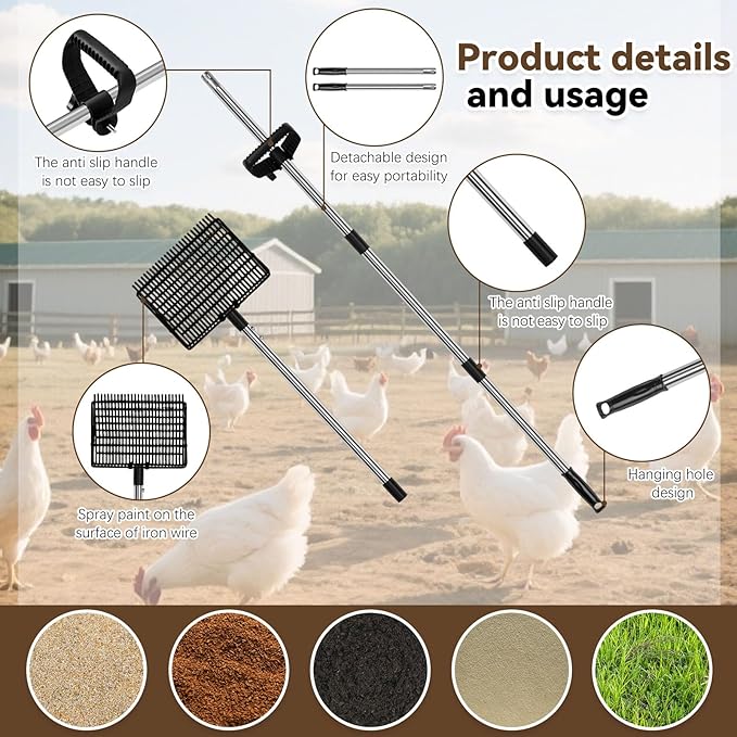 2 in 1 Chicken Poop Scooper Rake , 2 Rakes and 4 Sections Adjustable Stainless Steel Handle 37.4 - 68.9 Inch, Litter Scoop Chicken Coop Scoop for Animal Farm and Poultry Habitats with Gloves