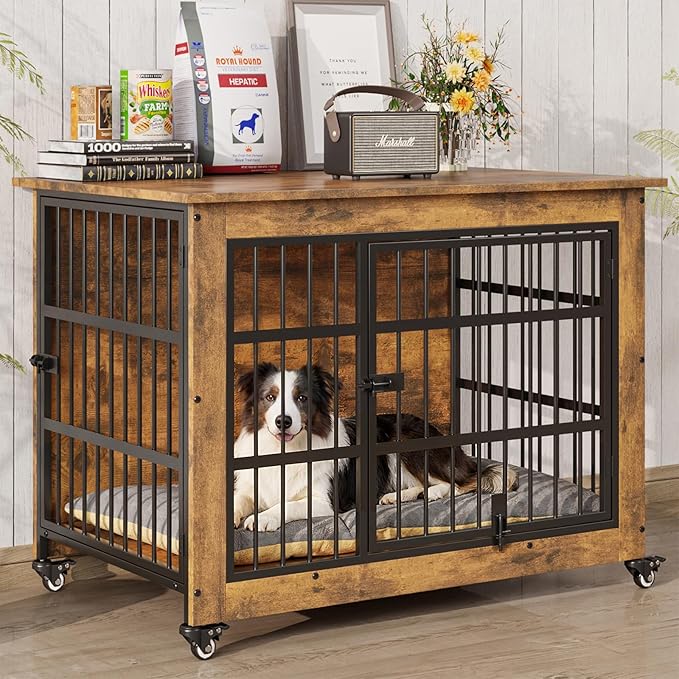 38.5" Dog Crate Furniture with Cushion and Wheels, Wooden Dog Kennel Indoor for Medium/Large Dogs, Farmhouse Pet Cage for Anxiety Dog, Rustic Brown (38.5" L x 25.5" W x 29" H)