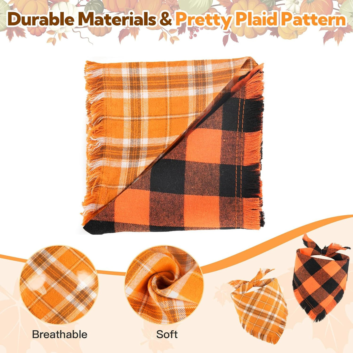 Kytely Fall Dog Bandana 2 Pack, Halloween Thanksgiving Dog Bandanas, Orange Plaid Pet Scarf for Boy and Girl, Holiday Bandana Reversible Triangle Bibs Accessories for Dogs Pets Small