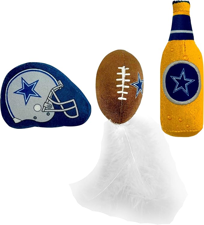 Best Plush CAT Toy - NFL Dallas Cowboys Complete Set of 3 Piece Cat Toys Filled with Fresh Catnip. Includes: 1 Helmet Cat Toy, 1 Football Cat Toy with Feathers & 1 Beer Bottle. Beautiful Team Logos